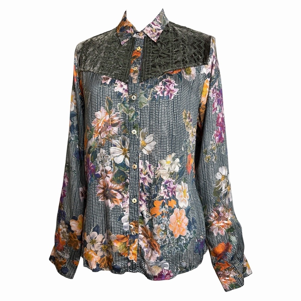 Johnny Was Silk Blend Top S Green Purple Floral Velvet Whimsigoth Boho Shirt - Picture 4 of 13